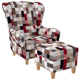 Supellex Ohrensessel Sofia Relaxsessel mit Hocker Patchwork kariert bunt gedeckt bunt