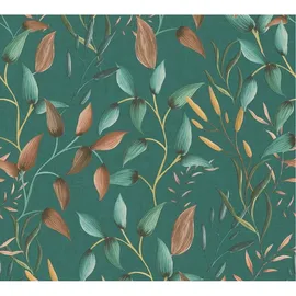 A.S. Création Vliestapete Floral Blattmuster Aquarell Grün Petrol Braun 0,53 x 10,05 m 39745-4