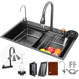 Faizee Home Wasserfall-Küchenspüle 75x45 cm – 1 Becken Neom Edelstahlspüle Schwarz mit Sprudelwasserhahn, 4-fach Armatur, Überlauf, Siphon, Ablaufgarnitur – modernes Spülbecken mit Zubehör