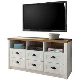 furn.design Tv-Lowboard, Weiß, Eiche, Metall, Nachbildung,Pinie, 1 Fächer, 6 Schubladen, Sockel, 130x68x43 cm, FSC 100%, Wohnzimmer, Wohnwände, Lowboards, Lowboards stehend