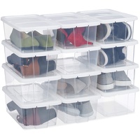 Relaxdays Schuhboxen Kunststoff, 12er Set, stapelbar, durchsichtige Aufbewahrungsboxen mit Deckel, 12,5x20x34,5cm, weiß