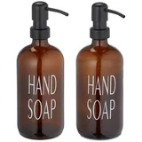 Relaxdays Seifenspender, 2er Set, Edelstahl-Pumpkopf, nachfüllbar, Bad, Küche, Flüssigseifenspender, 500 ml, braun