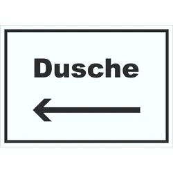 Dusche Schild mit Text und Richtungspfeil links waschen Hygiene waagerecht A5 (148x210mm)