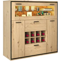 Merax Sideboard mit LED-Beleuchtung in Wildeiche-Optik, großer Stauraum, abnehmbare Weinhalterung und Einlegeböden, Weinschrank