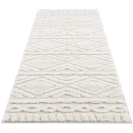 Carpet City Teppich Wohnzimmer Hochflor Creme - Läufer 80x300 cm - Rauten Hochtief-Muster, 3D-Effekt - Bettvorleger Schlafzimmer Teppiche Boho, Skandi