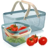 Nexboraque Picknickkörbe, Metallgeflecht, Erntekorb mit faltbarem Holzgriff, rechteckiger Garten-Aufbewahrungskorb für Gemüse, Obst, Garten, Küchenschrank, Picking Gathering, Blau, 2 Stück