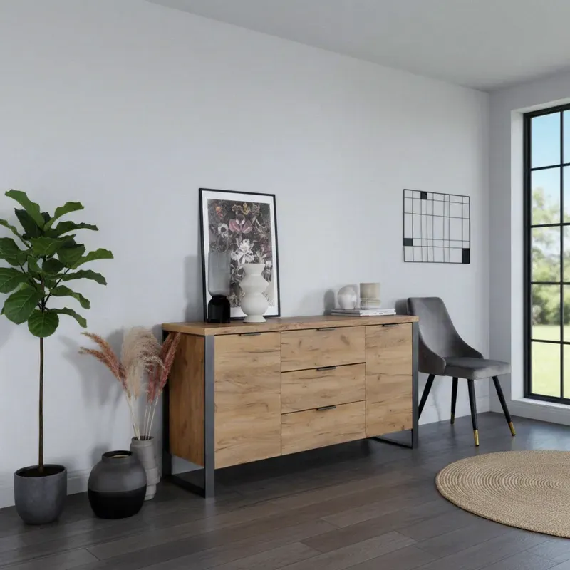 jahnke Modernes Sideboard im Loft-Stil Loop in Montana-Eiche und Schwarz mit stabilen Metallbeinen, 150 x 39,5 x 6,2 cm