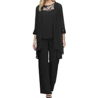 JIAALU Hosenanzug Damen 3-Teiliges Chiffon Shirt Tüll Abendanzug Sets Elegant Vintage 3-Teiliges Set Outfit Hohe Taille Hosenanzug Cocktail Party Festlich Hosenanzug - XL