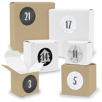 Adventskalender zum Füllen 24x Quader Würfel gemischt WEISS / BRAUN + Sticker (V03 Z18) - Weiß