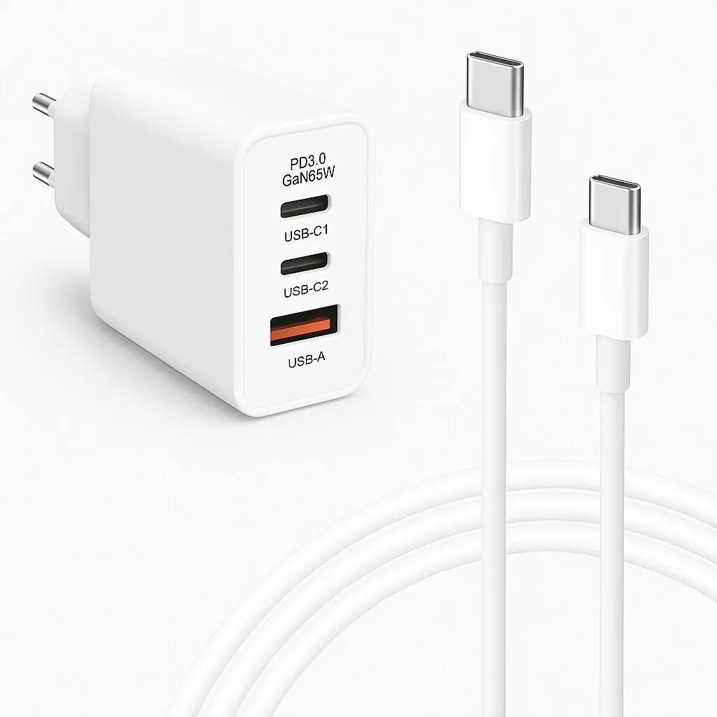 65 W USB-C Schnellladekabel mit Datenfunktion 2m inklusive 65W USB C und USB-A Netzteil Ladeset für Smartphone MacBook Laptop und Tablet kompakt Weiß