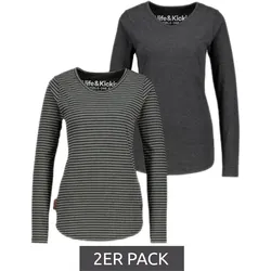 2er Pack ALIFE AND KICKIN Damen vegane Baumwoll-Pullover Rundhals-Pullover gestreiftes Langarm-Shirt PETA-Approved 48014835 Grau/Weiß - XS