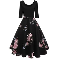 Axoe Damen A-Linie Kleid 60er Jahre Rockabilly mit Blumenrock 3/4 Ärmel Gr.36, Farbe 4, 2XL (46 EU) - XXL