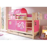 TICAA Etagenbett Marcel 90 x 200 cm inkl. Textil-Set Kiefer massiv natur horse/pink