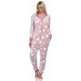 normann Damen Schlafanzug Jumpsuit Overall in Sterneoptik aus kuschelig warmen Coralfleece, Farbe:rosa, Größe:48/50 - 48-50