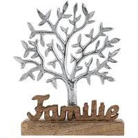 amagohome Lebensbaum mit Schriftzug Familie Holzfigur 20x27cm Dekofigur Aluminium Mangoholz