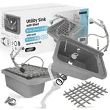 Ausgussbecken 50x34cm Grau mit Regal und Gitter Spültischmischer mit Ausziehbrause Spülbecken Waschbecken für Garten Garage Keller Waschküche Gartenwaschbecken Waschtrog Siphon und Montageset