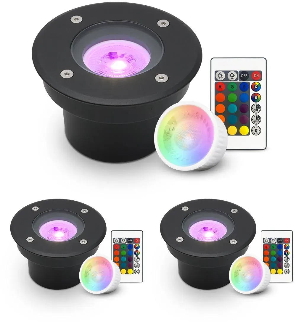 LED Bodeneinbaustrahler Schwarz FLACH rund 230V IP67 - Leuchtmittel: 5W RGB+CCT ...