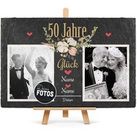 PR Print Royal Schiefertafel selbst gestalten- Fotocollage - 50 Jahre - Personalisiertes Geschenk zur goldenen Hochzeit mit Zwei Fotos, Namen und Datum - inkl. Holzstaffelei, 20 x 30 cm