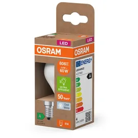 Osram Energy Class LED-Lampe in klassischer Miniballform, 3.8 W / 806 lm, EEK A, kaltweißes Licht (4000 K), CRI 80, aus gefrostetem bleifreiem Glas, E14 Sockel, IP20, 45 mm Durchmesser.