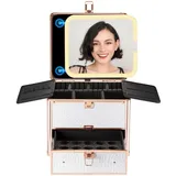 OMIRO Make Up Box mit Schublade und Beleuchtetem Spiegel, Kosmetikkoffer mit Abnehmbarem Magnetspiegel (Weiß)