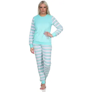 normann Geringelter Damen Frottee Schlafanzug Langarm Pyjama mit Eiskristall, Farbe:Mint, Größe:44-46 - 44-46
