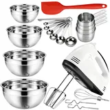 Elektrischer Handmixer mit Edelstahl-Schüssel-Set–Handmixer mit Turbo-Boost-Funktion und 7 Geschwindigkeitsstufen, großen Rührschüsseln, Messbechern, Löffeln und Silikonspatel für das Backen in Küche