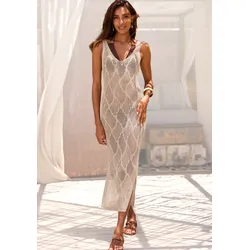 Strickkleid LASCANA, Damen, Gr. 38, N-Gr, gold (beige, goldfarben), Strick, Obermaterial: 70% Polyacryl, 30% metallisierte Fasern, metallisierte Fasern, modisch, figurbetont kniebedeckend, tiefer V-Ausschnitt, ohne Ärmel, Kleider