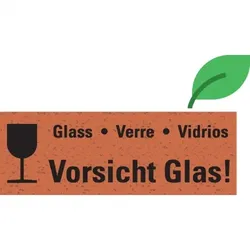 Aufkleber I Warnetikett Vorsicht Glas!, 4-sprachig, rot, Graspapier, 147x50mm, 6/Bogen