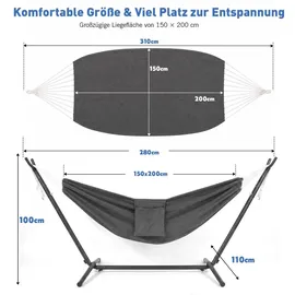 Sekey Hängematte mit Gestell Höhenverstellbare Doppelhängematte bis 200 kg Belastbar mit Tragetasche für Garten, Balkon und Terrasse Indoor & O... - Grau
