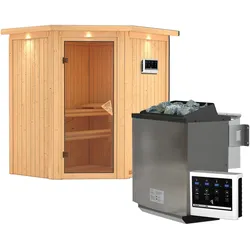 Karibu Sauna Taurin mit Eckeinstieg 68 mm-9 kW Bio-Kombiofen inkl. Steuergerät-inkl. Dachkranz