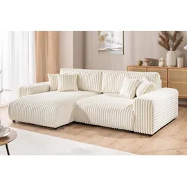 s-style möbel Mollis - Ecksofa mit Schlaffunktion und Bettkasten aus Hellbeige Plüschcord mit schöner Sitzkomfort