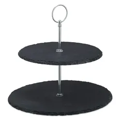 Relaxdays Etagere, 2 Etagen, Schiefer, Kuchen, Snacks, Obst, Metallgriff, Servierständer, HxD 23x25 cm, anthrazit/silber