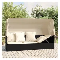 furnicato Gartenliege Outdoor-Loungebett mit Dach und Kissen Schwarz Poly Rattan schwarz