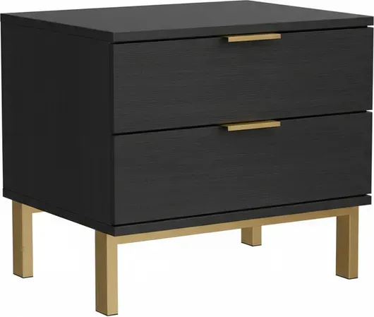 Caldion Nachttisch mit 2 Schubladen und goldfarbenen Metallbeinen, modern, schwarz, für Schlafzimmer & Wohnzimmer