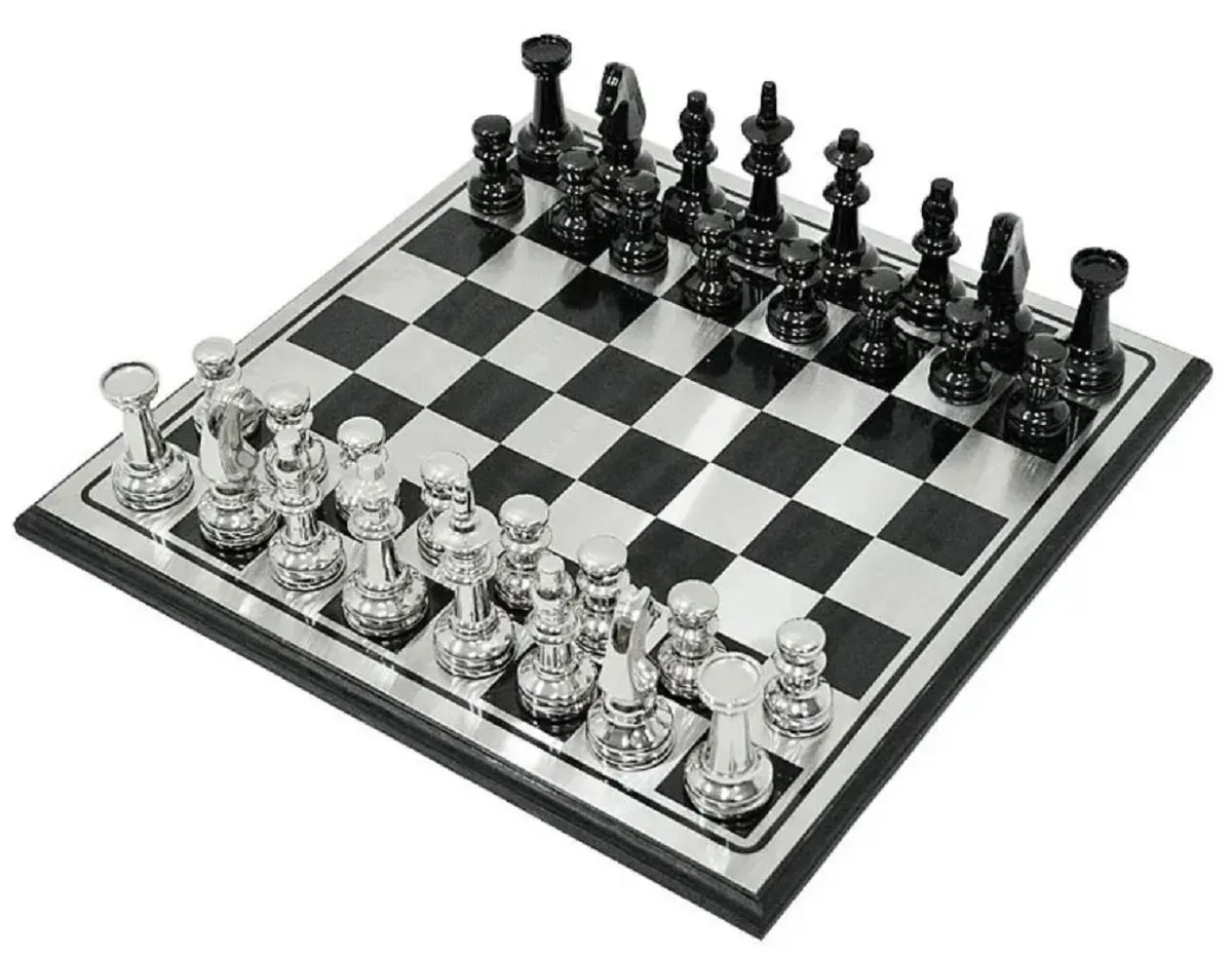 Casa Padrino Luxus Schach Set Schwarz / Silber - Holz Schachspiel - Schachbrett mit Schachfiguren