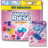 Weißer Riese Color Trio-Caps Aroma-Therapie Orchidee (80 WL), Color Waschmittel mit Good Mood-Duft & WC FRISCH WC Stein Chill Ride (1x 50g), langanhaltendes Dufterlebnis