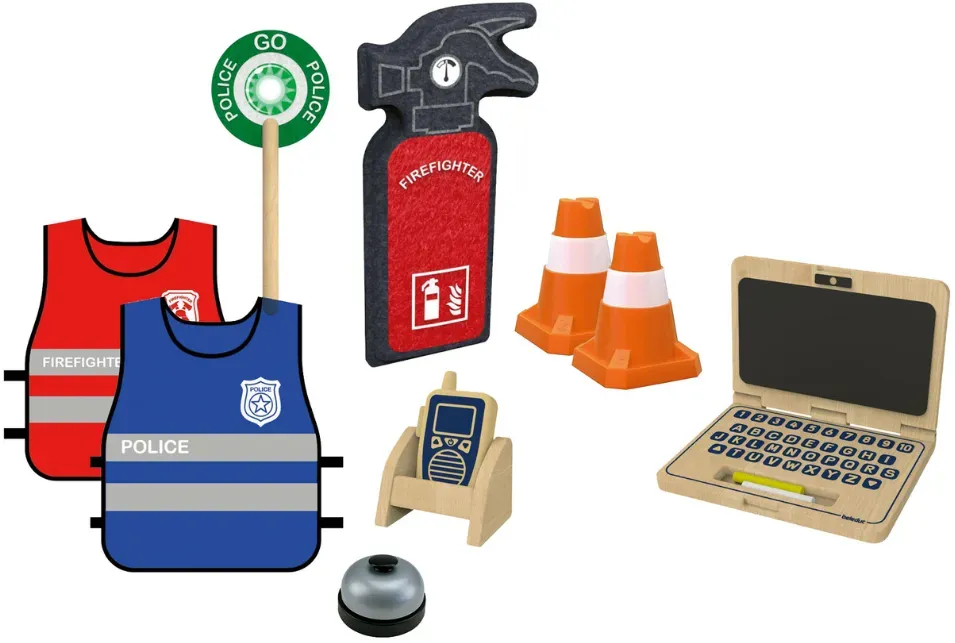 Rollenspielset Feuerwache & Polizeistation aus Holz, bunt, inkl. Zubehör - Beleduc - Fördert Fantasie, ab 3 Jahren