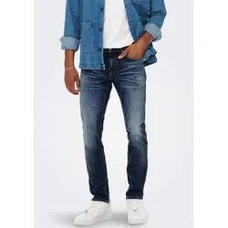 Straight-Jeans ONLY & SONS "ONSWEFT REGULAR WB 0021 TAI DNM NOOS", Herren, Gr. 29, Länge 30, blau (blau denim), Denim/Jeans, Obermaterial: 98% Baumwolle, 2% Elasthan, Abriebeffekte, casual, regular fit lang, Jeans, im 4-Pocket-Style