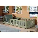 Kids Collective Kinderbett Bodenbett 80x160 cm mit Rausfallschutz & Lattenrost Montessori Bett Bed Gitterbett Kinder Jugendbett Einzelbett optional mit Matratze | Olivgrün weitere Größen 90x200 | | 140x200 cm