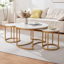 [en.casa] Couchtisch Christchurch 3er Set Marmoroptik, Weiß/Gold