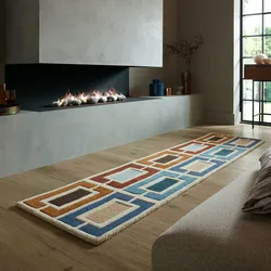 Wollteppich FLAIR RUGS "Retro Blocks", blau, B:60cm H:10mm L:230cm, Wolle, Teppiche, Retro Blocks geschnitzter Wollteppich