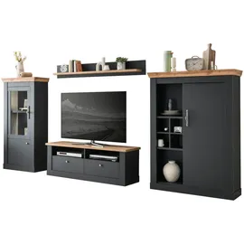 IMV Wohnwand, "Ribera" in grau und Wotan, Eiche Landhaus Set 4-teilig, Soft-Close - Dunkelgrau, Naturbelassen