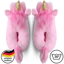 corimori Süße Plüsch Hausschuhe (10+ Designs) Einhorn „Rose“ Slipper Einheitsgröße 34-44 Uni Pantoffeln Rosa Pink Gold