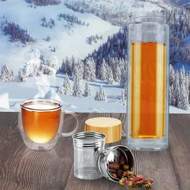Intirilife Doppelwandige Thermo Flasche mit Sieb in 400 - 500 ml – Tee Trinkflasche Mundgeblasen isoliert aus Borosilikatglas mit Ed