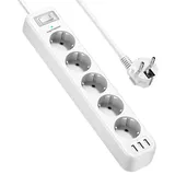 JSVER Steckdosenleiste 5 Fach mit 3 USB Ladeanschlüsse, Mehrfachsteckdose Wandmontage(16A) Steckerleiste Wandmontage Überspannungsschutz mit Schaltbar 1,8M Kabel für Smartphones, Laptop, iPAD–Weiß