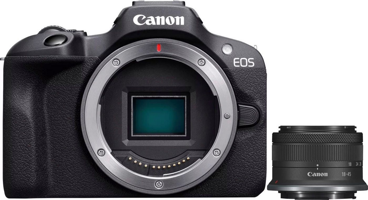 Canon EOS R100 + RF-S 18-45mm F4.5-6.3 IS STM Kit Systemkamera (RF-S 18-45mm F4.5-6.3 IS STM, 24,1 MP, Bluetooth, WLAN) schwarz