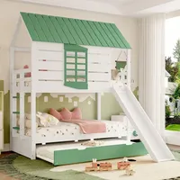 Merax Haus-Etagenbett 90x200 mit Ausziehbett, Kinderbett mit Rutsche und 2 Schubladen, Holz Jugendbett für 3 Kinder, Stockbett, Hochbett, Weiß+Grün - Grün