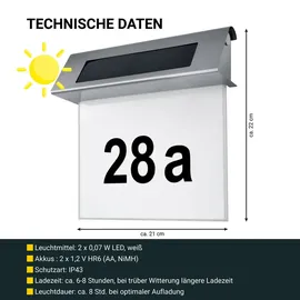 Melitec Solar-Hausnummer SH01 moderne LED-beleuchtete Hausnummer für außen, wasserdicht, aus Edelstahl, kabellose Solar-Hausnummernleuchte | Weiß/Silber