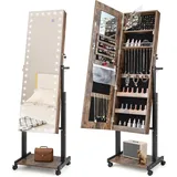 RELAX4LIFE Schmuckschrank mit 3-farbigen LED-Lichtern, Spiegelschrank mit 4 Rädern & 2 Spiegeln & Ablage, Schmuckorganizer Abschließbar & Höhenverstellbar & Neigungsverstellbar (Rustikales Braun)