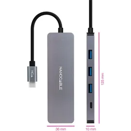 NANOCABLE 10.16.4409 – USB-C-Konverter-Hub zu 3 USB-A 3.0-Buchsenanschlüssen + 1 USB-C-Buchsenanschluss, Aluminium, 10 cm, Grau